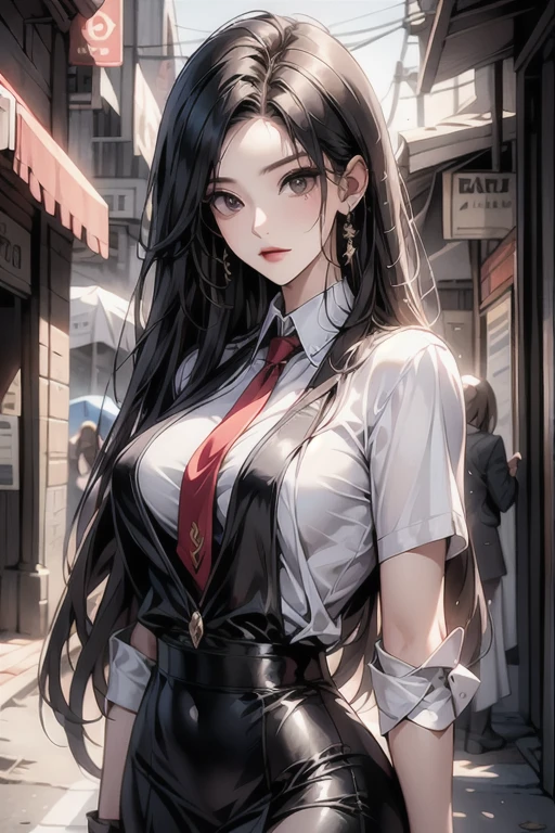 highest quality, masterpiece, high resolution,only {Black business suit:1.40} {tie:1.20} {sunglasses:1.25} {White gloves:1.15} { White shirt:1.10} {Black Skirt:1.15} good looking {Medusa_FGO:1.15} length_hair, Red_hair, very_length_hair, purple_eye, chest, big_chest, 1girl, solo, white background, Street backdrop, upper body, looking at viewer, bare arms, folded arms, หน้าหยิ่ง