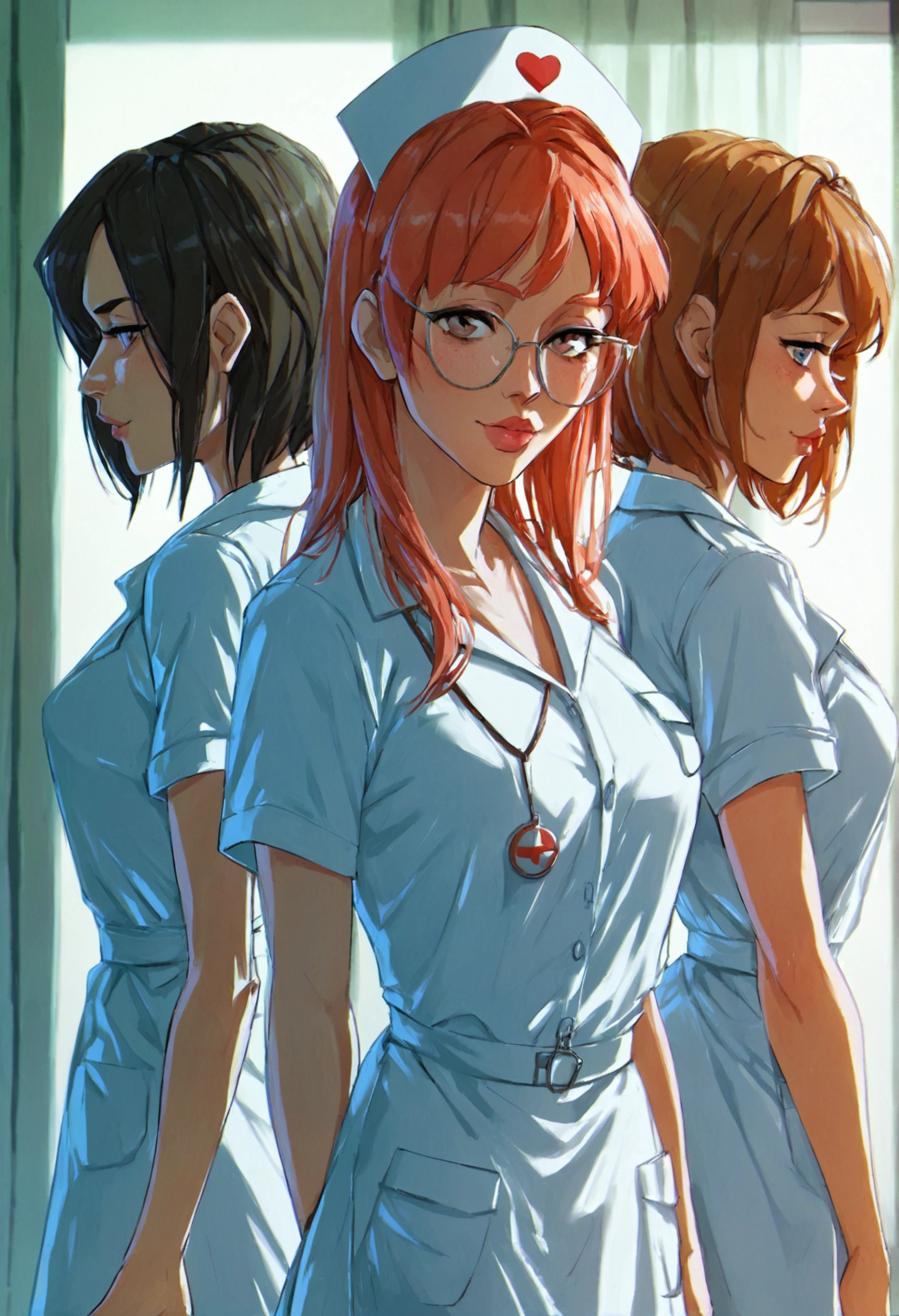 group, harem, three girls, score_9,score_8_up,score_7_up, score_6_up, score_5_up, source_anime, bubblehead nurse, silent hill nurse, naked full body, standing 