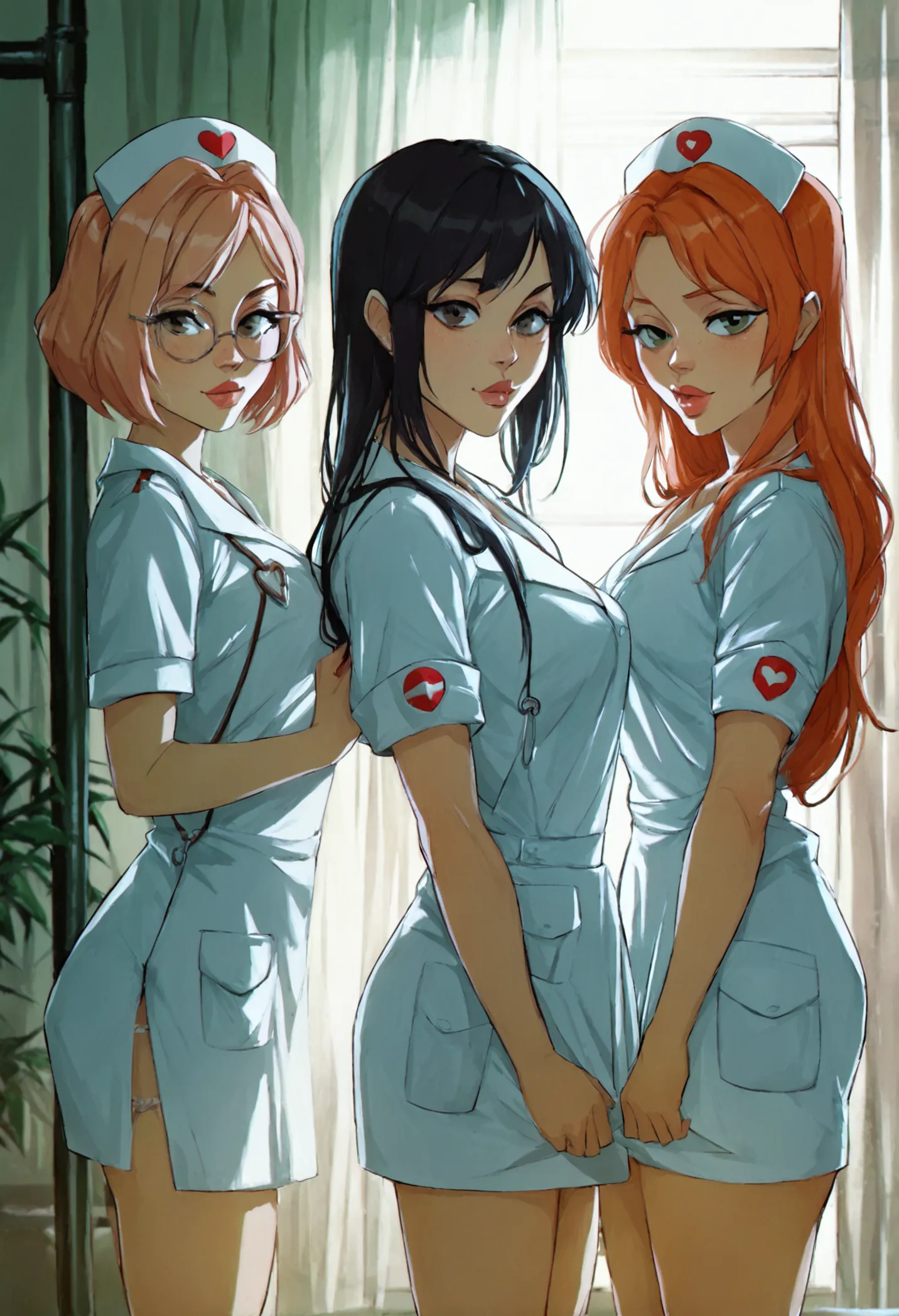 group, harem, three girls, score_9,score_8_up,score_7_up, score_6_up, score_5_up, source_anime, bubblehead nurse, silent hill nu...