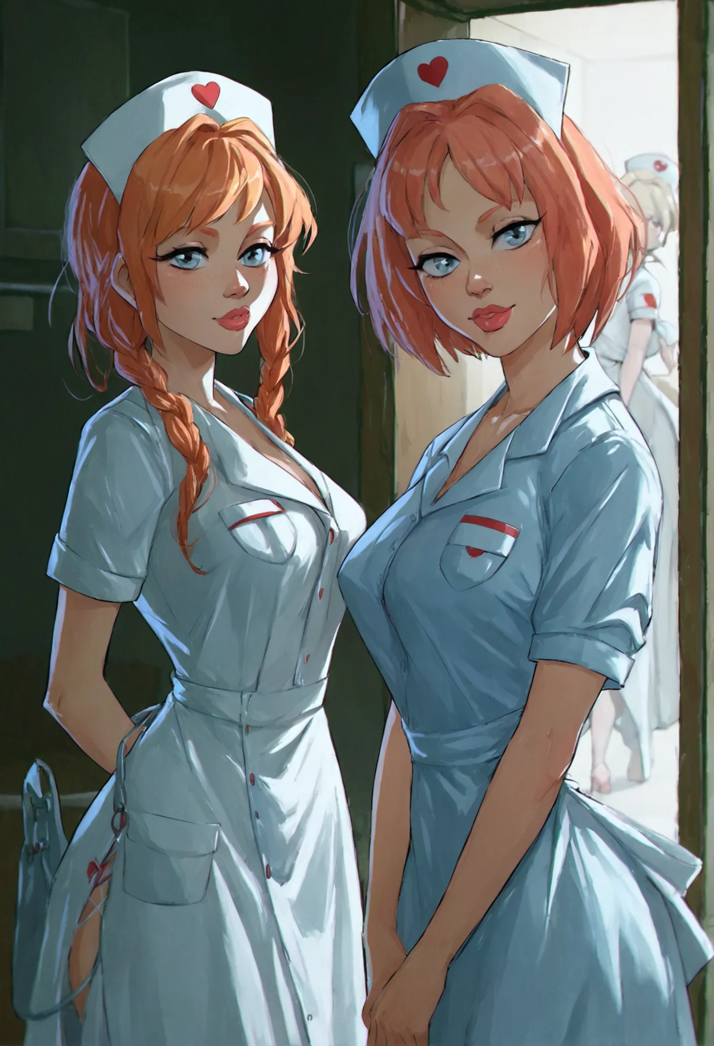 group, harem, three girls, score_9,score_8_up,score_7_up, score_6_up, score_5_up, source_anime, bubblehead nurse, silent hill nu...