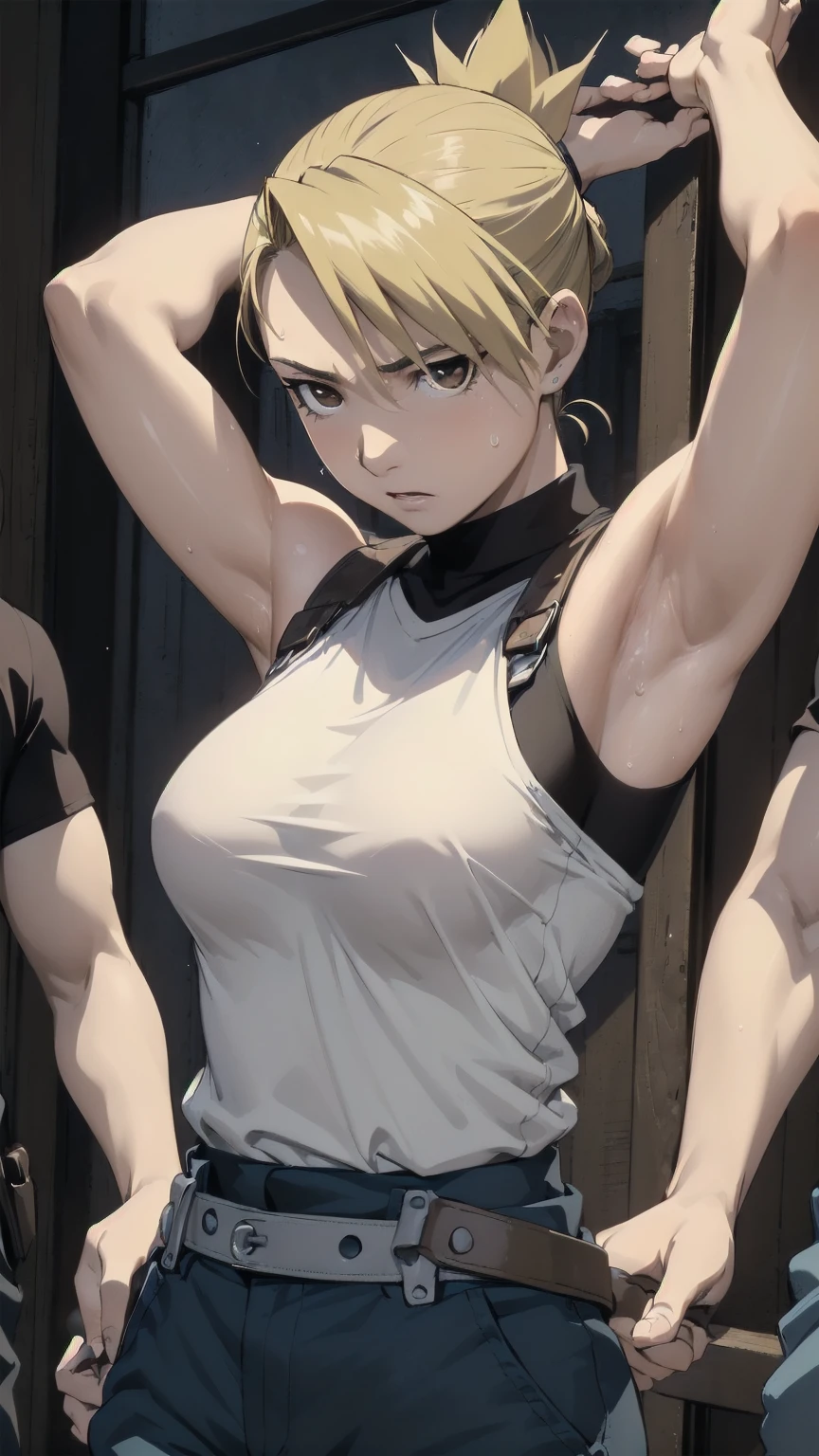 masterpiece, Highest quality, High resolution, One Girl, Hamriz, ponytail, Brown eyes,big , Black Shirt, Tight shirt, holster, Short sleeve, belt, Covered navel, Blue pants,indoor、Upper body close-up、Muscular body、blush、Sweat、Composition from the front、anime、(((Close-up of a person、Raise your arms、Both armpits exposed、Sweat、look forward to)))