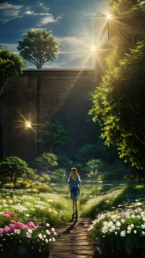 a girl walking with a cow surrounded by flowers, denim shorts, white shirt, farnscape atmosphere, tube top, straw hat, clouds re...