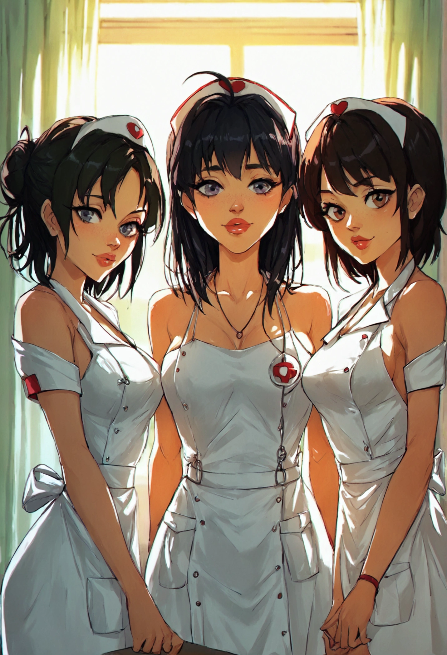 group, harem, three girls, score_9,score_8_up,score_7_up, score_6_up, score_5_up, source_anime, bubblehead nurse, silent hill nurse, naked full body, standing show perfect tits