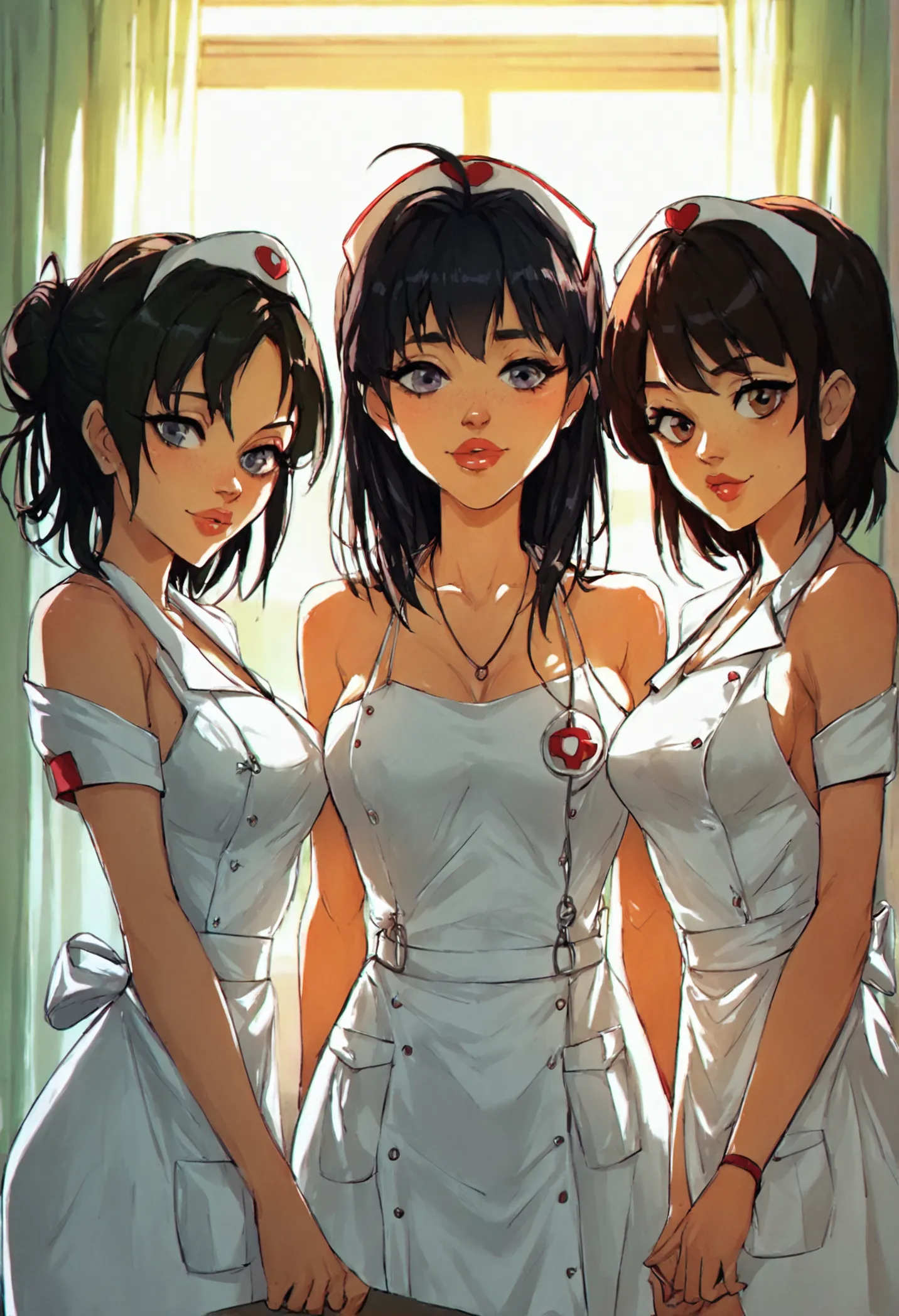 group, harem, three girls, score_9,score_8_up,score_7_up, score_6_up, score_5_up, source_anime, bubblehead nurse, silent hill nu...