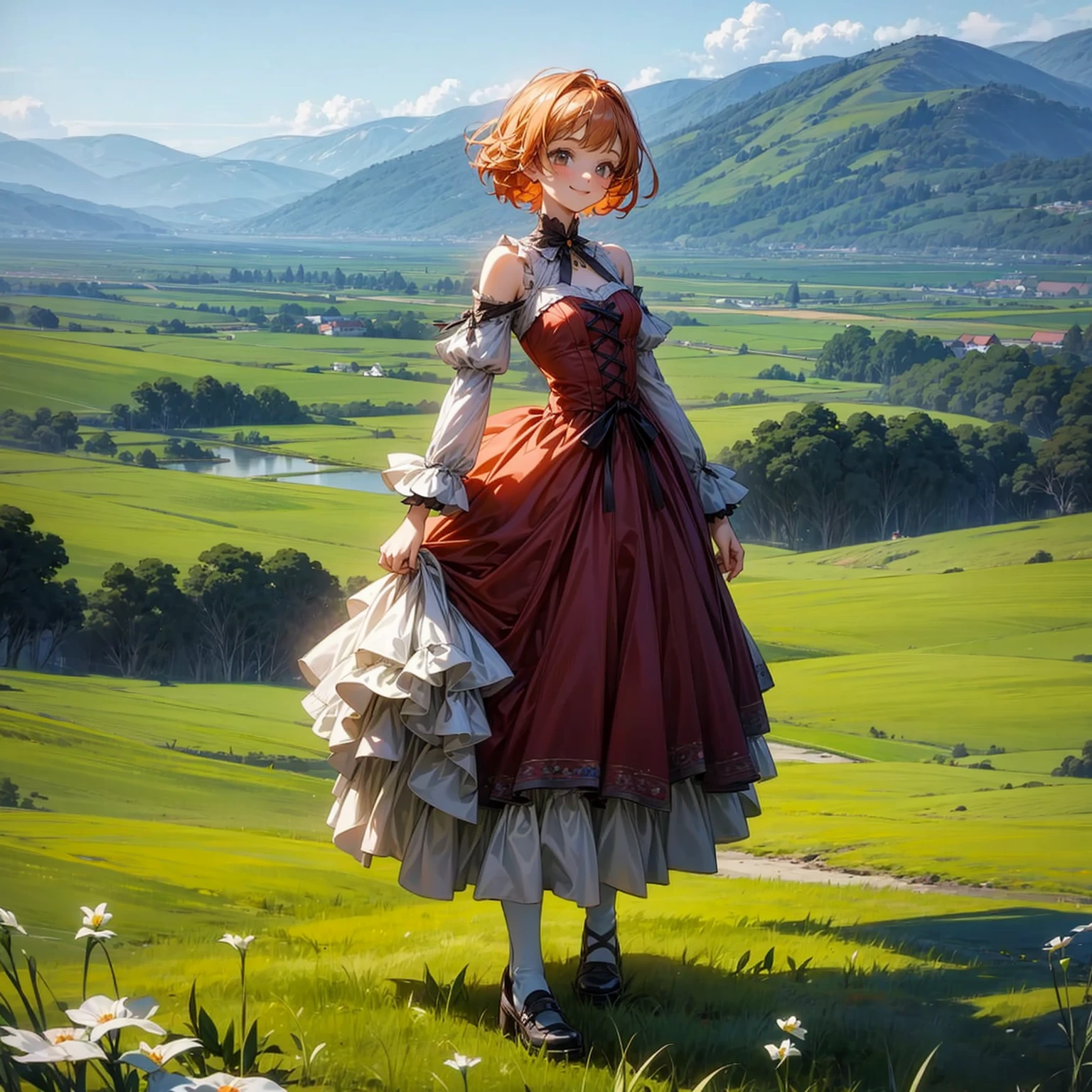 (solo, kid girl), (red dress), (victorian dress), (smile), pale skin, (pale), outdoors, small breasts, happy, radiant glow, (cowboy shot), (holy aura), orange hair, ginger hair, bare shoulders, greenlands, open plains for background, (full body version), (one piece style art), (detailed background, detailed clothing)