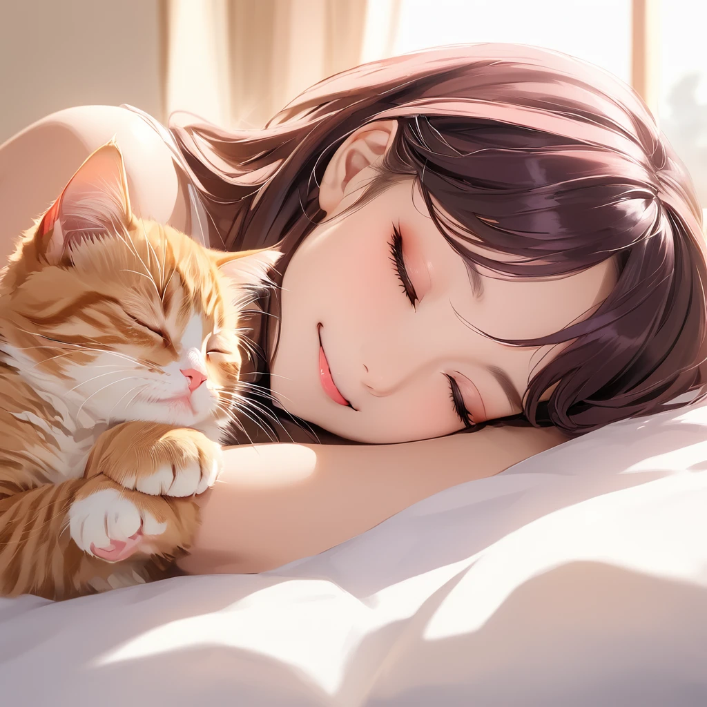 masterpiece, Highest quality,A girl reaches out to a kitten,Mischievous smile,少女の周りで子犬とKitten sleeping,(Puppy sleeping),(Kitten sleeping)