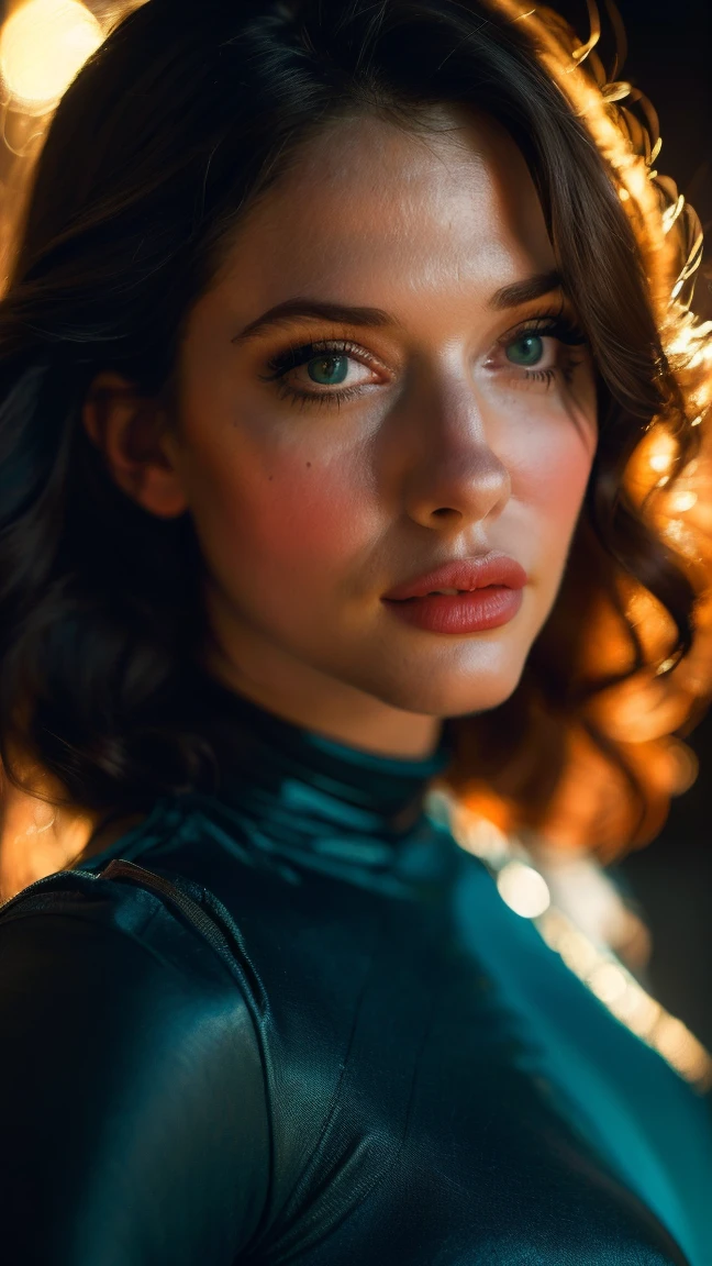 (((ultra realistic))) Photo, masterpiece, top quality, (pale skin), (Ultra detailed face and eyes:1.3), 1 girl, Kat Dennings , In Lifchik, ((Eye makeup, navy blue mascara)), ((large detailed lips)), ((dark wavy hair)), ((Stylish hairstyle)) , (Natural cleavage in dark-red bodycon dress:1.2), Slim waist, photoshoot, Harsh sunlight in lighting, (The play of light and shadows), depth of field, bokeh, (special attention to skin detail: 1.2), Detailed leather texture, skin pores.  (Color range - delicate, Bright, amber and teal tones), UDR, ((Film grain)), ((rays)), (Glare), ((full up portrait, close to the camera)) , ultra detailed space scene, 