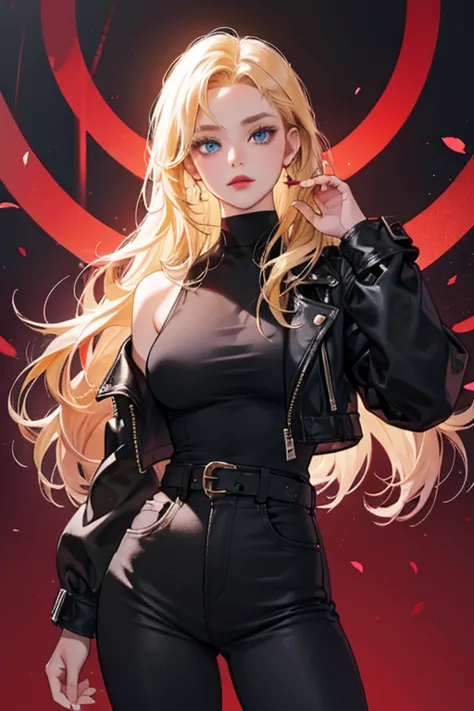 girl, blue eyes, slightly red lips, blond hair, artwork, loose black pants, vinotinto top, lots of lighting, black jean jacket.