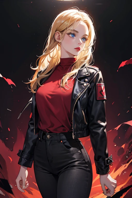 Girl, blue eyes, slightly red lips, blond hair, artwork, loose black pants, vinotinto top, lots of lighting, black jean jacket.