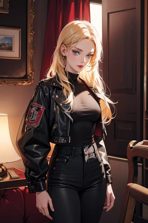 Girl, blue eyes, slightly red lips, blond hair, artwork, loose black pants, vinotinto top, lots of lighting, black jean jacket.