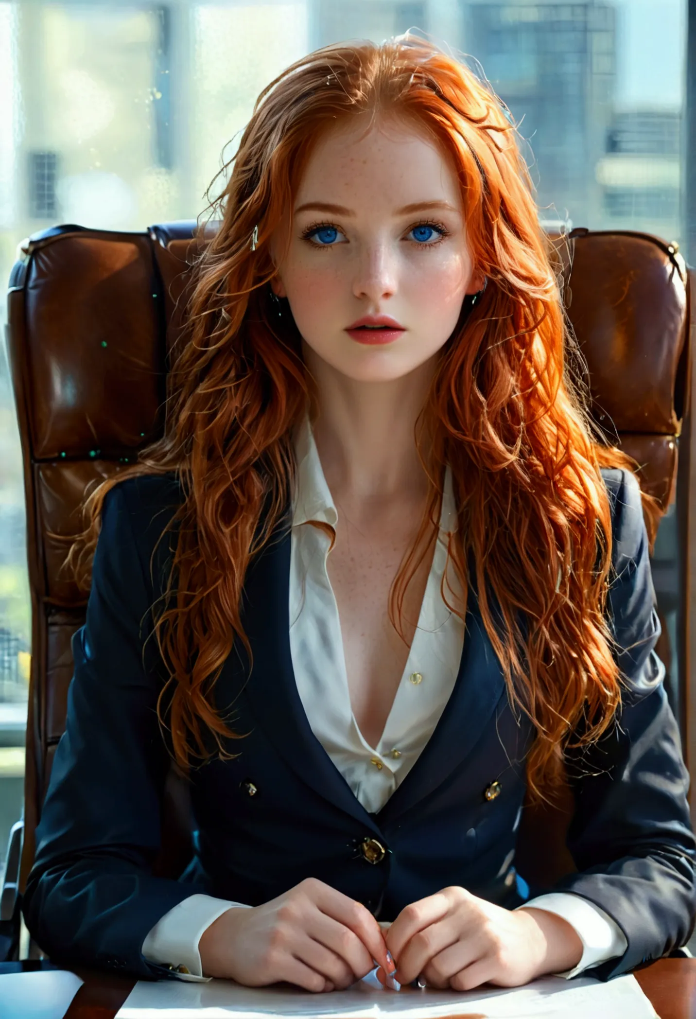 ultra realistic, fot, long redhead hair, beautiful blue eyes like the sky, pale white skin adorned with freckles, 24 year old gi...
