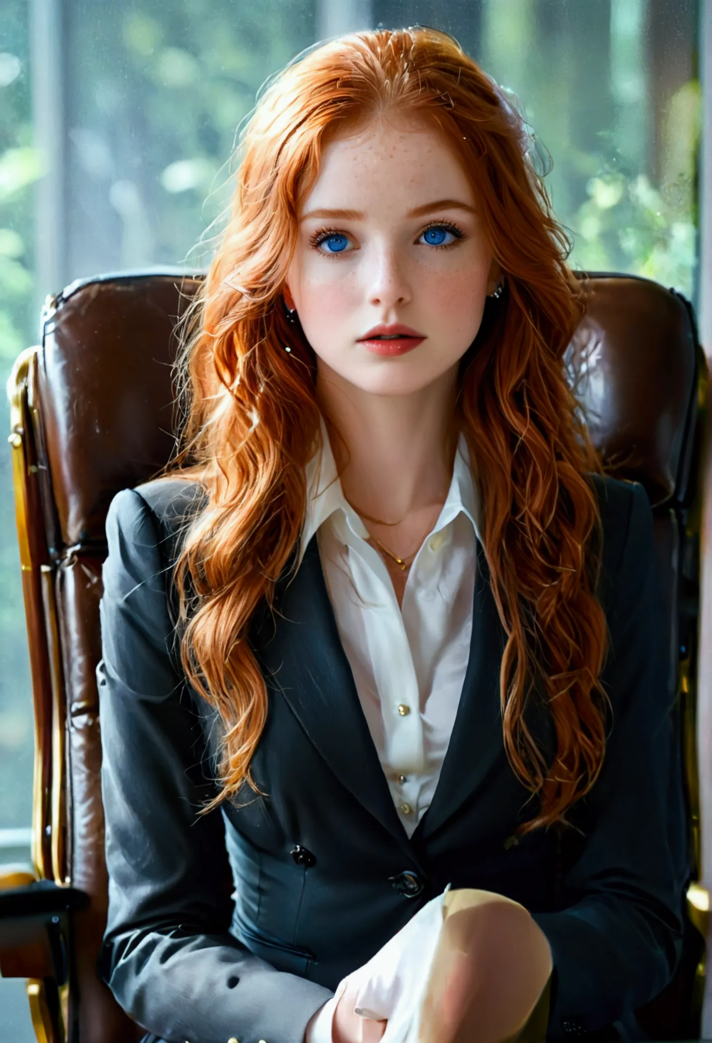 ultra realistic, fot, long redhead hair, beautiful blue eyes like the sky, pale white skin adorned with freckles, 24 year old gi...