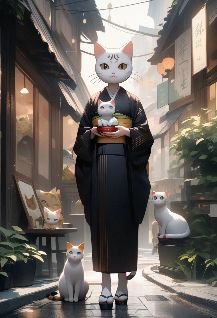 ((work of art)), ((best qualityer)), (very detailled), ((very detailled)), 4K, (8k), very aesthetic, Absurdities Highres, 1 girl, (anthropomorphic cat, velues, kimono:1.5), a skinny and sad kitten with a bowl in his hand, in street. It&#39;s raining and cold