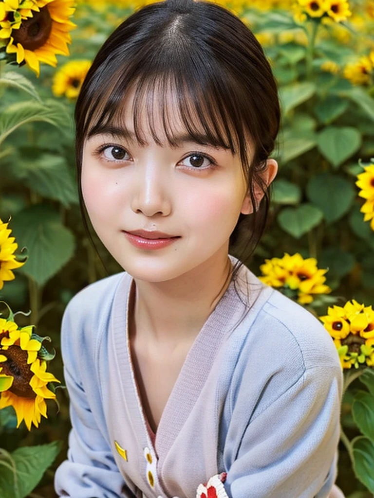 One Girl, (beautiful girl, Delicate girl:1.3), (14 years old:1.3),
break, (Cardigan Costume:1.3),
break, (sitting in a sunflower field:1.2),
break, Very beautiful eyes, (Symmetrical eyes:1.3),
break, Small breasts, Brown eyes, Parted bangs, Brown Hair, (Upper teeth, The best smile:0.2),
break, (Eye and facial details:1.0),
break, (masterpiece, Highest quality, Very detailed, Detailed face, 8k)