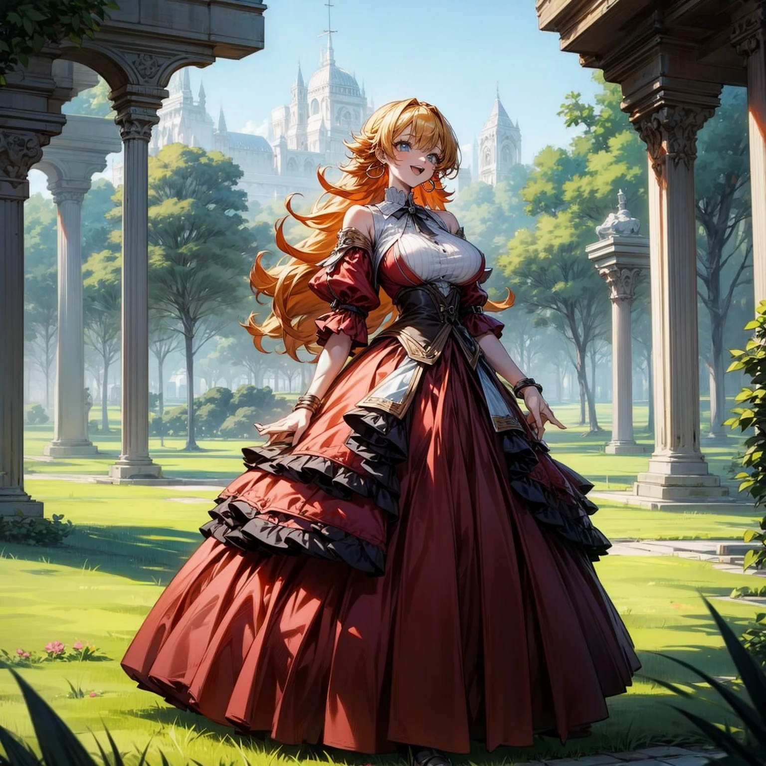 (solo), (red dress), (victorian dress), (smile), pale skin, (pale), outdoors, big breasts,, happy, radiant glow, (cowboy shot), (holy aura), long curly hair, ginger hair, hoop earrings, gold bracelets, bare shoulders, greenlands, open plains for background, (full body version), (one piece style art), detailed background, detailed clothing, open mouth, happy 