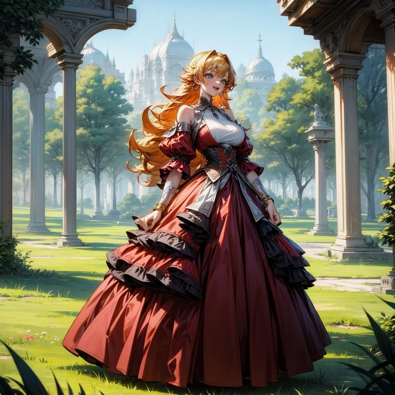 (solo), (red dress), (victorian dress), (smile), pale skin, (pale), outdoors, big breasts,, happy, radiant glow, (cowboy shot), (holy aura), long curly hair, ginger hair, hoop earrings, gold bracelets, bare shoulders, greenlands, open plains for background, (full body version), (one piece style art), detailed background, detailed clothing, open mouth, happy 