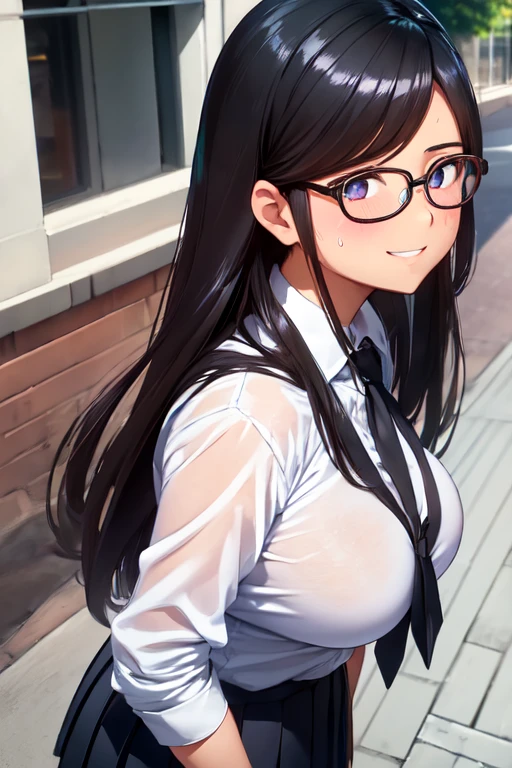 (high quality, High resolution, fine details), Pavement, View from the side, Alone, Girl, Shiny black hair, School uniform, sparkling eyes, (Large round frame glasses), (detailed eyes), medium breasts, tits, neckline, ((gentle smile)), blush, sweat, oily skin, (focus face), shallow depth of field