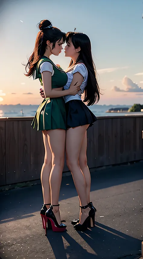 full body picture：sailor jupiter and sailor pluto kissing，they wear high heels，huge breasts，it&#39;s hot，they both blushed，hold ...