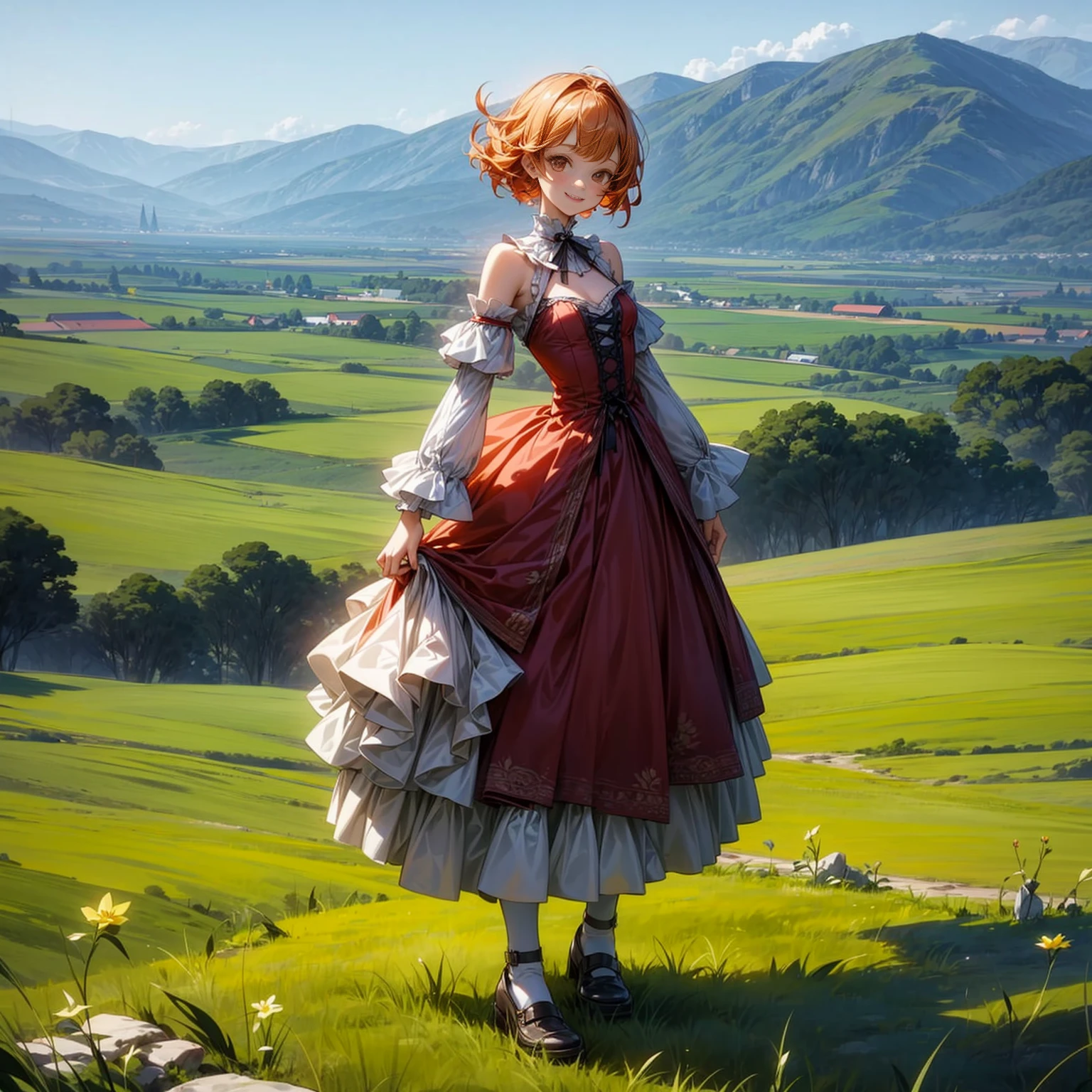 (solo, kid girl), (red dress), (victorian dress), (smile), pale skin, (pale), outdoors, small breasts, happy, radiant glow, (cowboy shot), (holy aura), orange hair, ginger hair, bare shoulders, greenlands, open plains for background, (full body version), (one piece style art), (detailed background, detailed clothing)