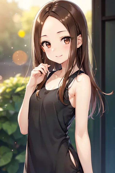 takagi-san、shiny brown hair, straight long hair,((medium chest、forehead、center part))、 beautiful brown eyes、smile、sparkling eyes...