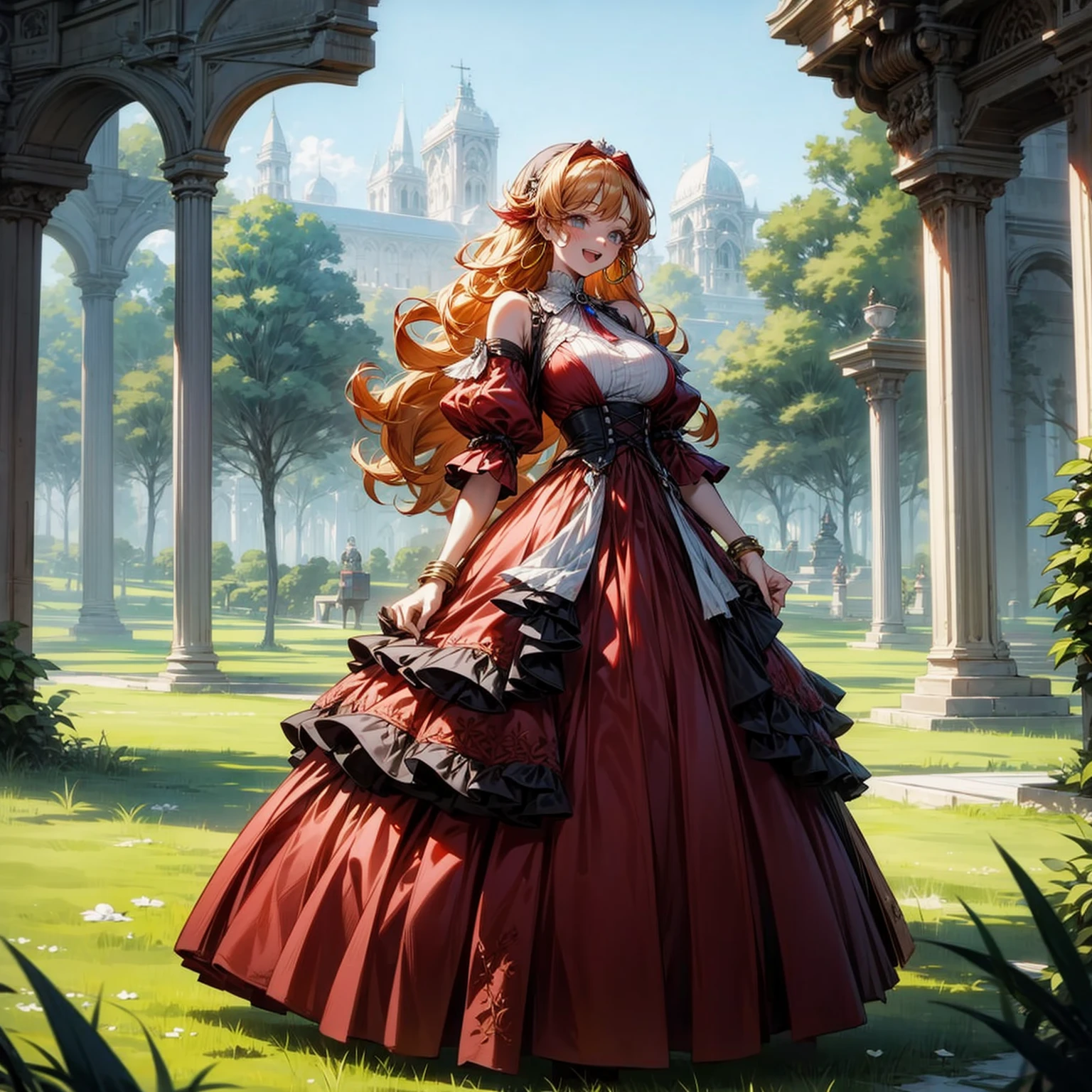 (solo), (red dress), (victorian dress), (smile), pale skin, (pale), outdoors, big breasts,, happy, radiant glow, (cowboy shot), (holy aura), long curly hair, ginger hair, hoop earrings, gold bracelets, bare shoulders, greenlands, open plains for background, (full body version), (one piece style art), detailed background, detailed clothing, open mouth, happy 