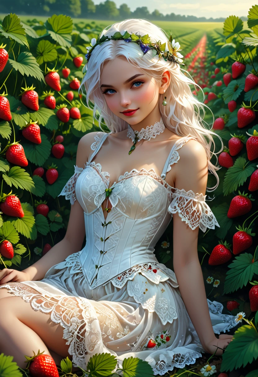 high details, best quality, 16k, RAW, [best detailed], masterpiece, best quality, (extremely detailed), full body, ultra wide shot, photorealistic, dark fantasy art, goth art, RPG art, D&D art, a picture of a female fairy resting in a (field of strawberries: 1.3), extremely beautiful fairy, ultra feminine (intense details, Masterpiece, best quality), best detailed face (intense details, Masterpiece, best quality), having wide butterfly wings, spread butterfly wings (intense details, Masterpiece, best quality), white and purple wings (intense details, Masterpiece, best quality),  dynamic hair color, dynamic hair style dynamic skin complexion, shy smile, innocent smile, blue eyes, dark red lips, wearing ((white: 1.5)) lace dress (intense details, Masterpiece, best quality), ((white lace: 1.5)) corset (intense details, Masterpiece, best quality), dynamic elegant shirt, chocker, wearing high heels, in a field of strawberries (intense details, Masterpiece, best quality), (extreme many strawberries) (intense details, Masterpiece, best quality), dark colorful flowers (intense details, Masterpiece, best quality), flower meadow in a dark goth field background, dim light, cinematic light, High Detail, Ultra High Quality, High Resolution, 16K Resolution, Ultra HD Pictures, 3D rendering Ultra Realistic, Clear Details, Realistic Detail, Ultra High Definition, lace drawing, betmd, DonMF41ryW1ng5XL
