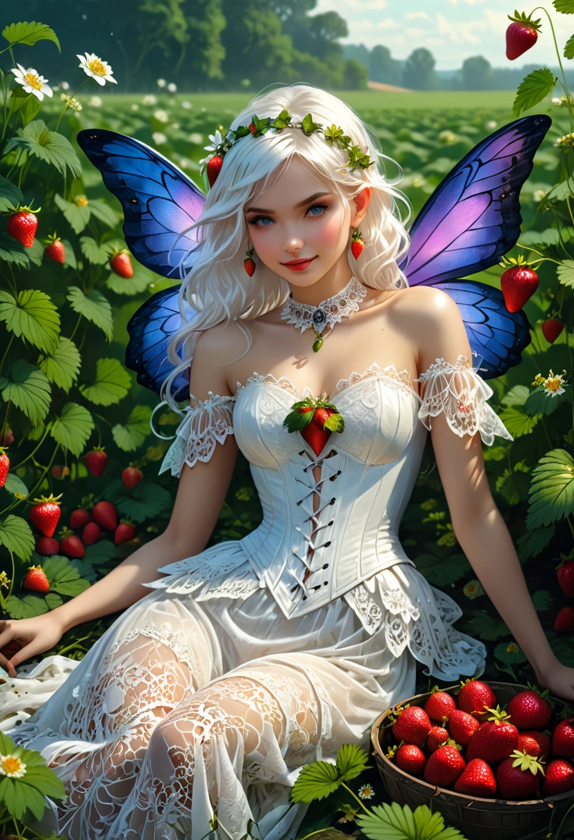 high details, best quality, 16k, RAW, [best detailed], masterpiece, best quality, (extremely detailed), full body, ultra wide shot, photorealistic, dark fantasy art, goth art, RPG art, D&D art, a picture of a female fairy resting in a (field of strawberries: 1.3), extremely beautiful fairy, ultra feminine (intense details, Masterpiece, best quality), best detailed face (intense details, Masterpiece, best quality), having wide butterfly wings, spread butterfly wings (intense details, Masterpiece, best quality), white and purple wings (intense details, Masterpiece, best quality),  dynamic hair color, dynamic hair style dynamic skin complexion, shy smile, innocent smile, blue eyes, dark red lips, wearing ((white: 1.5)) lace dress (intense details, Masterpiece, best quality), ((white lace: 1.5)) corset (intense details, Masterpiece, best quality), dynamic elegant shirt, chocker, wearing high heels, in a field of strawberries (intense details, Masterpiece, best quality), (extreme many strawberries) (intense details, Masterpiece, best quality), dark colorful flowers (intense details, Masterpiece, best quality), flower meadow in a dark goth field background, dim light, cinematic light, High Detail, Ultra High Quality, High Resolution, 16K Resolution, Ultra HD Pictures, 3D rendering Ultra Realistic, Clear Details, Realistic Detail, Ultra High Definition, lace drawing, betmd, DonMF41ryW1ng5XL
