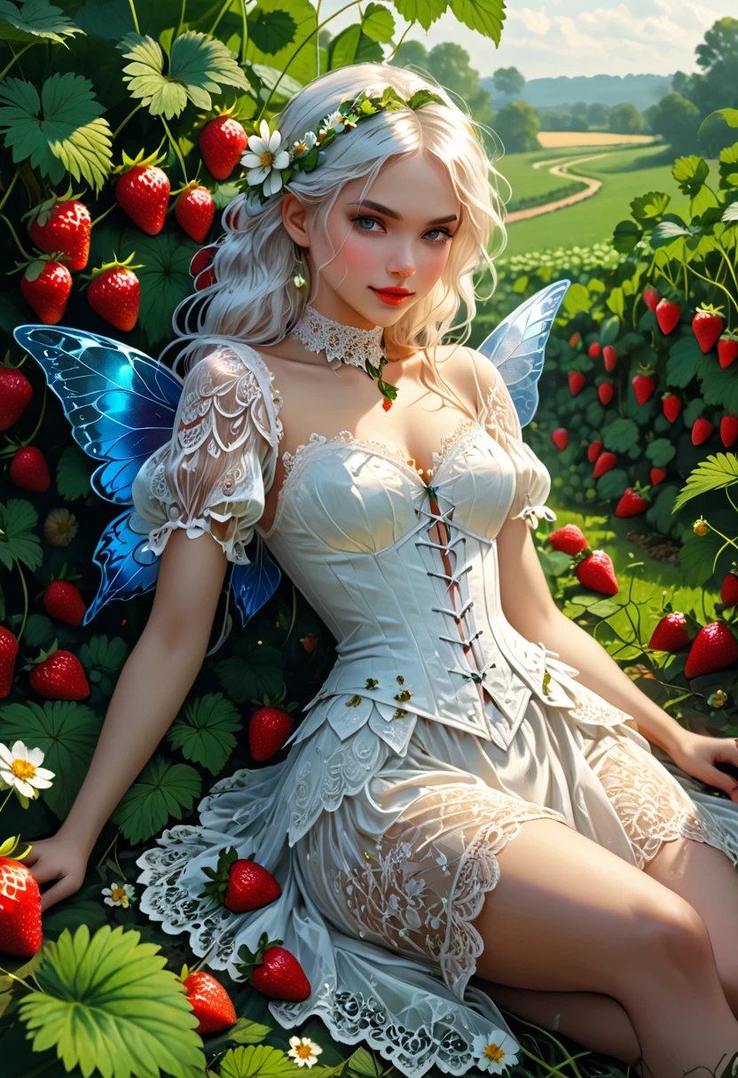 high details, best quality, 16k, RAW, [best detailed], masterpiece, best quality, (extremely detailed), full body, ultra wide shot, photorealistic, dark fantasy art, goth art, RPG art, D&D art, a picture of a female fairy resting in a (field of strawberries: 1.3), extremely beautiful fairy, ultra feminine (intense details, Masterpiece, best quality), best detailed face (intense details, Masterpiece, best quality), having wide butterfly wings, spread butterfly wings (intense details, Masterpiece, best quality), white and purple wings (intense details, Masterpiece, best quality),  dynamic hair color, dynamic hair style dynamic skin complexion, shy smile, innocent smile, blue eyes, dark red lips, wearing ((white: 1.5)) lace dress (intense details, Masterpiece, best quality), ((white lace: 1.5)) corset (intense details, Masterpiece, best quality), dynamic elegant shirt, chocker, wearing high heels, in a field of strawberries (intense details, Masterpiece, best quality), (extreme many strawberries) (intense details, Masterpiece, best quality), dark colorful flowers (intense details, Masterpiece, best quality), flower meadow in a dark goth field background, dim light, cinematic light, High Detail, Ultra High Quality, High Resolution, 16K Resolution, Ultra HD Pictures, 3D rendering Ultra Realistic, Clear Details, Realistic Detail, Ultra High Definition, lace drawing, betmd, DonMF41ryW1ng5XL
