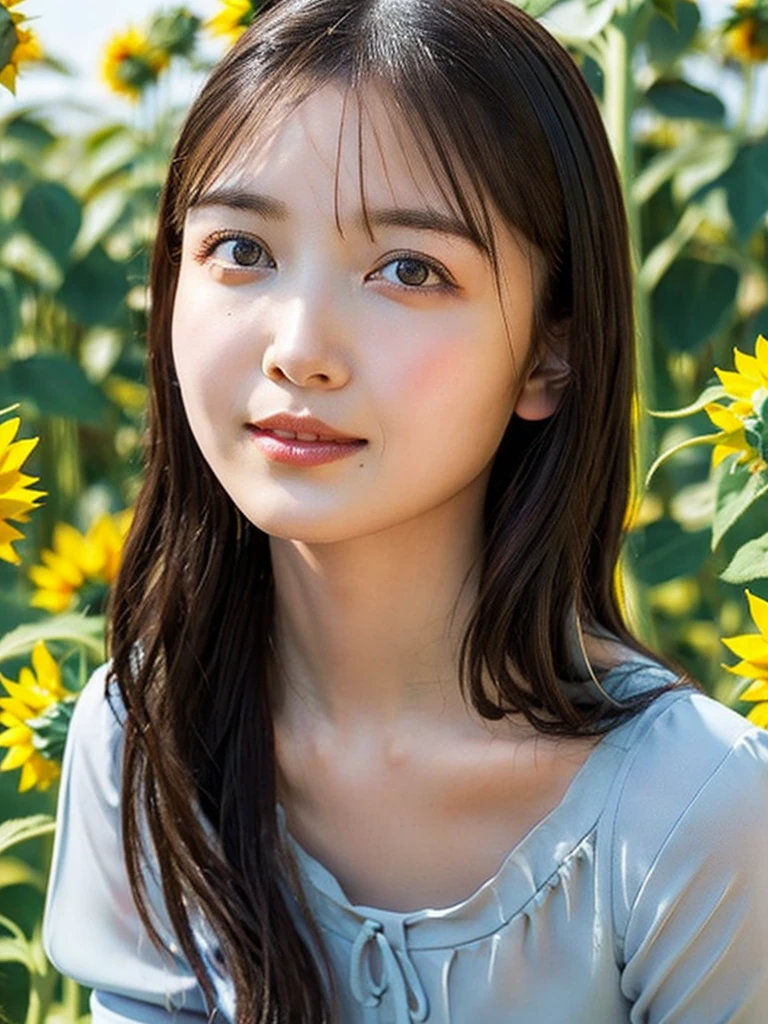 One Girl, (beautiful girl, Delicate girl:1.3), (14 years old:1.3),
break, (Blouse Costume:1.3),
break, (sitting in a sunflower field:1.2),
break, Very beautiful eyes, (Symmetrical eyes:1.3),
break, Small breasts, Brown eyes, Parted bangs, Brown Hair, (Upper teeth, The best smile:0.2),
break, (Eye and facial details:1.0),
break, (masterpiece, Highest quality, Very detailed, Detailed face, 8k)