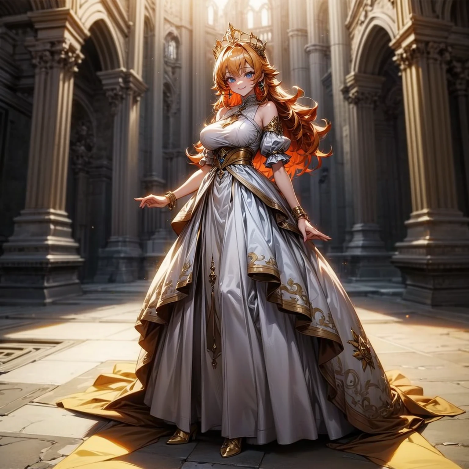 (solo), (white dress), (queen dress), (smile), pale skin, (pale), indoor, big Castle, big breasts, smile mouth, happy, radiant glow, (cowboy shot), (holy aura), long curly hair, ginger hair, hoop earrings, gold bracelets, Golden crown, bare shoulders, greenlands, (full body version), detailed background, detailed clothing 