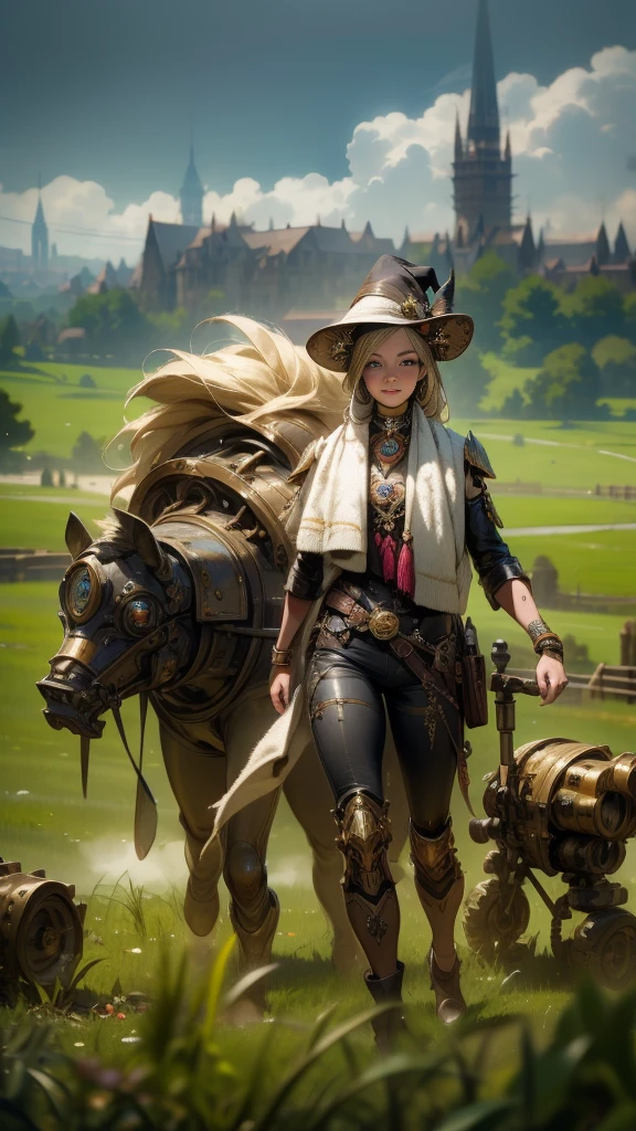 portrait of "Complete art masterpiece, high quality, ultra detailed in 4k, 8k, high resolution, hyper-realistic photo, hyper-detailed, realistic skin texture, amazing shadows, extremely detailed texture, perfect lighting, high-level image quality." A woman witch of a steam punk mix with genji robot, face is visible of girl,Fair skin, blond hair, outlined eyes, outlined face, bracelet, Full body, Nice leather clothes mix with gold feathers, steam punk dirty city on back