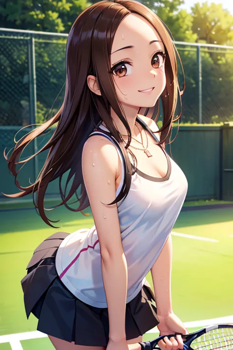 takagi-san、shiny brown hair, straight long hair,((medium chest、forehead、center part))、 beautiful brown eyes、smile、sparkling eyes...