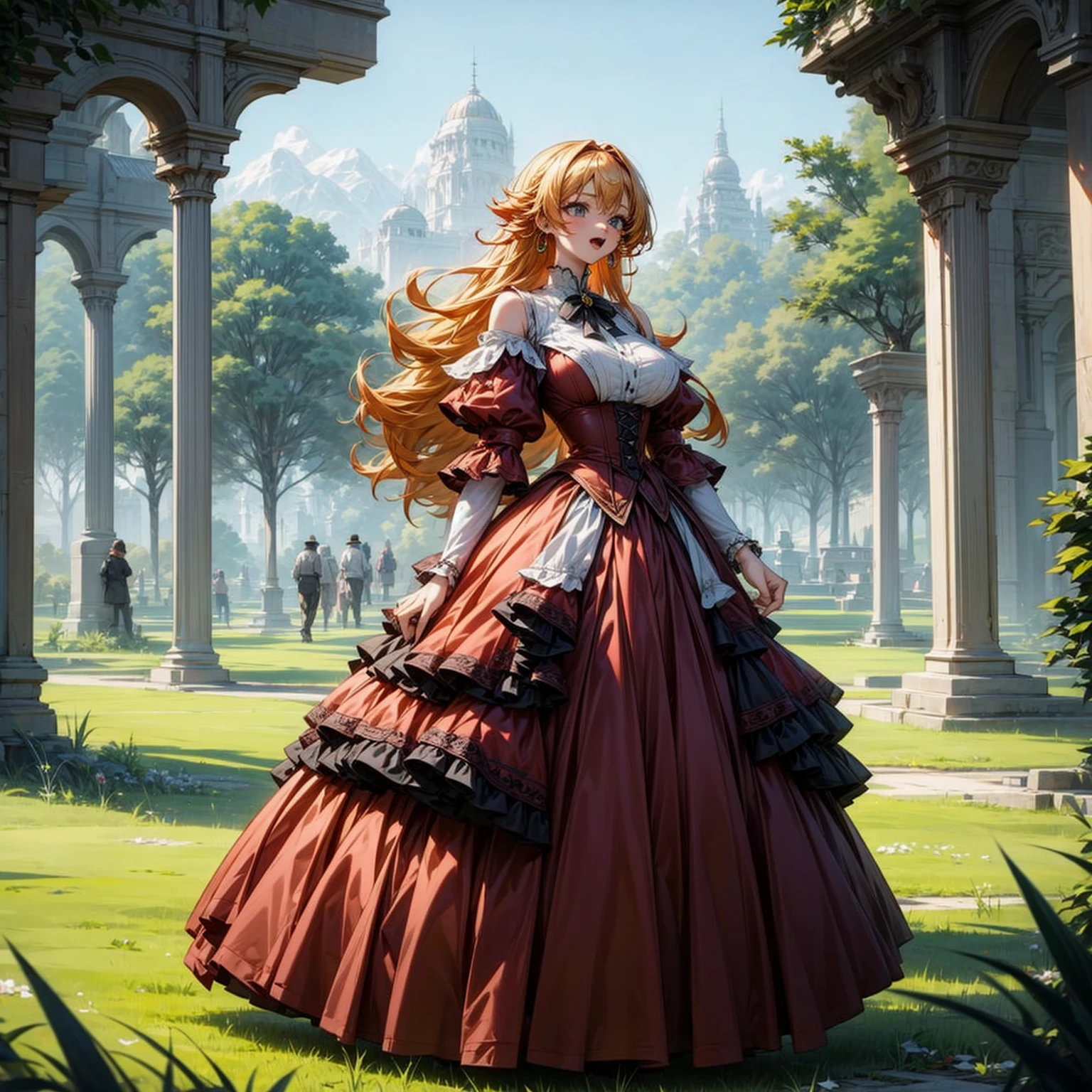 (solo), (red dress), (victorian dress), (smile), pale skin, (pale), outdoors, big breasts,, happy, radiant glow, (cowboy shot), (holy aura), long curly hair, ginger hair, hoop earrings, gold bracelets, bare shoulders, greenlands, open plains for background, (full body version), (one piece style art), detailed background, detailed clothing, open mouth, happy, detailed hair