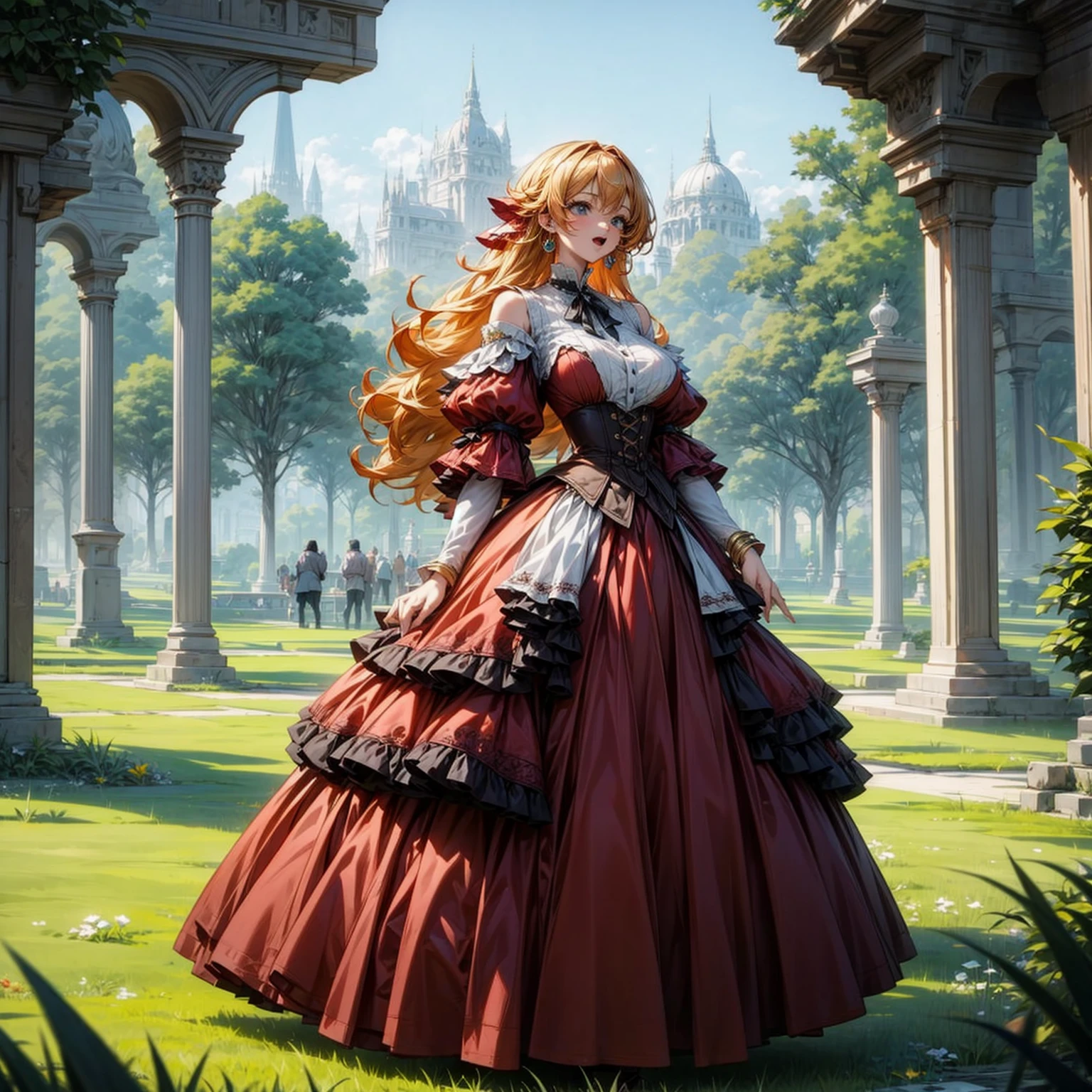 (solo), (red dress), (victorian dress), (smile), pale skin, (pale), outdoors, big breasts,, happy, radiant glow, (cowboy shot), (holy aura), long curly hair, ginger hair, hoop earrings, gold bracelets, bare shoulders, greenlands, open plains for background, (full body version), (one piece style art), detailed background, detailed clothing, open mouth, happy, detailed hair