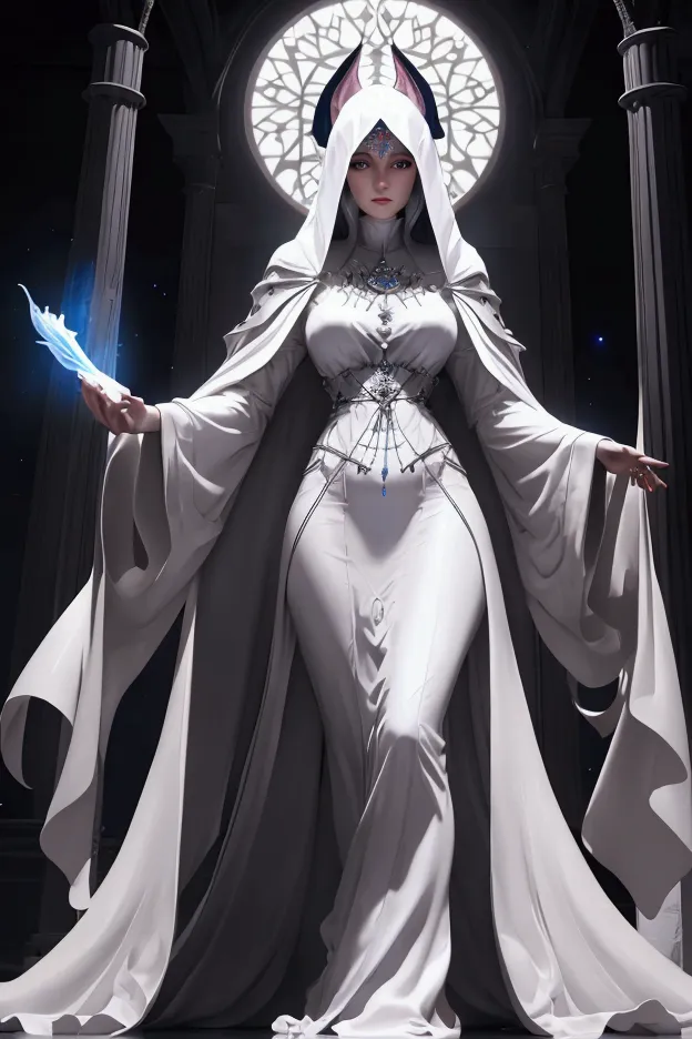 arafed woman in a white robe and cloak standing in a dark room, ein ambient occlusion-rendering inspiriert von jules joseph lefe...