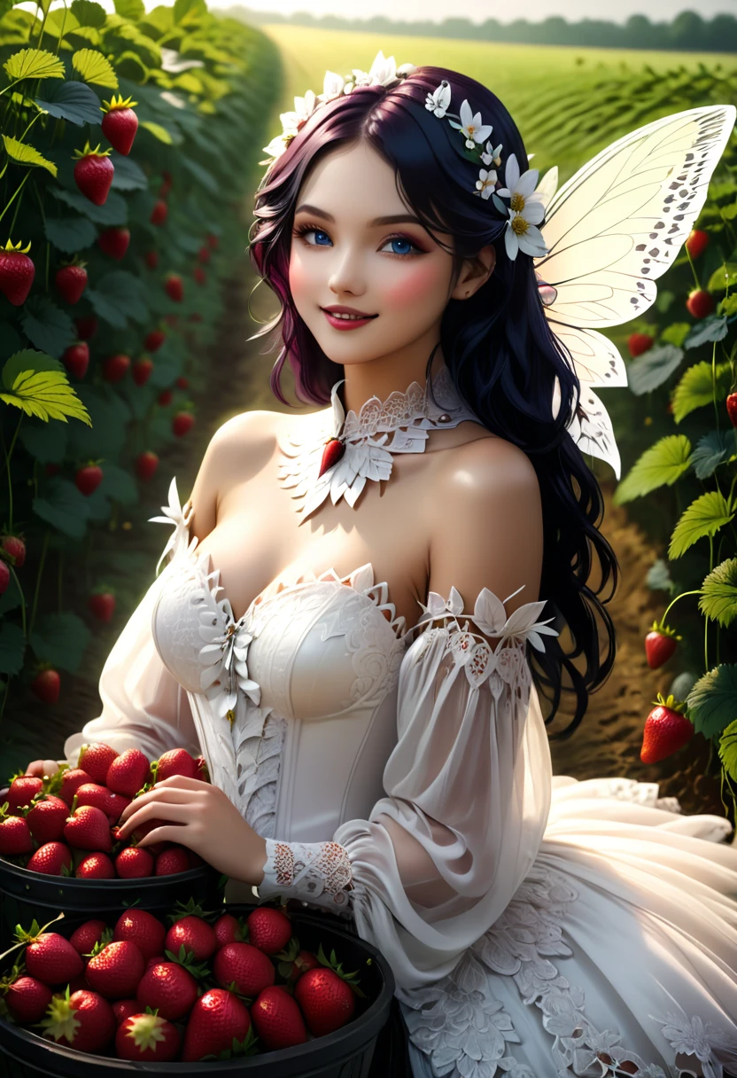 high details, best quality, 16k, RAW, [best detailed], masterpiece, best quality, (extremely detailed), full body, ultra wide shot, photorealistic, dark fantasy art, goth art, RPG art, D&D art, a picture of a female fairy resting in a (field of strawberries: 1.3), extremely beautiful fairy, ultra feminine (intense details, Masterpiece, best quality), best detailed face (intense details, Masterpiece, best quality), having wide butterfly wings, spread butterfly wings (intense details, Masterpiece, best quality), white and purple wings (intense details, Masterpiece, best quality),  dynamic hair color, dynamic hair style dynamic skin complexion, shy smile, innocent smile, blue eyes, dark red lips, wearing ((white: 1.5)) lace dress (intense details, Masterpiece, best quality), ((white lace: 1.5)) corset (intense details, Masterpiece, best quality), dynamic elegant shirt, chocker, wearing high heels, in a field of strawberries (intense details, Masterpiece, best quality), (extreme many strawberries) (intense details, Masterpiece, best quality), dark colorful flowers (intense details, Masterpiece, best quality), flower meadow in a dark goth field background, dim light, cinematic light, High Detail, Ultra High Quality, High Resolution, 16K Resolution, Ultra HD Pictures, 3D rendering Ultra Realistic, Clear Details, Realistic Detail, Ultra High Definition, lace drawing, betmd, DonMF41ryW1ng5XL
