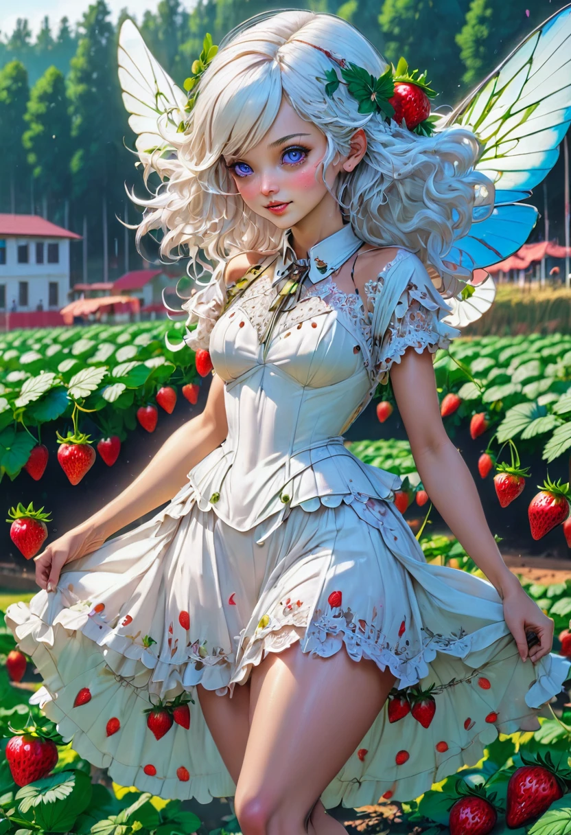 high details, best quality, 16k, RAW, [best detailed], masterpiece, best quality, (extremely detailed), full body, ultra wide shot, photorealistic, dark fantasy art, goth art, RPG art, D&D art, a picture of a female fairy resting in a (field of strawberries: 1.3), extremely beautiful fairy, ultra feminine (intense details, Masterpiece, best quality), best detailed face (intense details, Masterpiece, best quality), having wide butterfly wings, spread butterfly wings (intense details, Masterpiece, best quality), white and purple wings (intense details, Masterpiece, best quality),  dynamic hair color, dynamic hair style dynamic skin complexion, shy smile, innocent smile, blue eyes, dark red lips, wearing ((white: 1.5)) lace dress (intense details, Masterpiece, best quality), ((white lace: 1.5)) corset (intense details, Masterpiece, best quality), dynamic elegant shirt, chocker, wearing high heels, in a field of strawberries (intense details, Masterpiece, best quality), (extreme many strawberries) (intense details, Masterpiece, best quality), dark colorful flowers (intense details, Masterpiece, best quality), flower meadow in a dark goth field background, dim light, cinematic light, High Detail, Ultra High Quality, High Resolution, 16K Resolution, Ultra HD Pictures, 3D rendering Ultra Realistic, Clear Details, Realistic Detail, Ultra High Definition, lace drawing, betmd, DonMF41ryW1ng5XL
