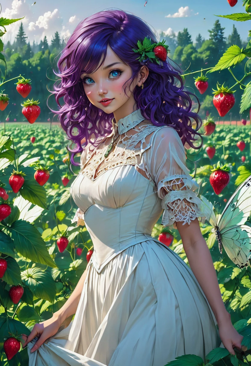 high details, best quality, 16k, RAW, [best detailed], masterpiece, best quality, (extremely detailed), full body, ultra wide shot, photorealistic, dark fantasy art, goth art, RPG art, D&D art, a picture of a female fairy resting in a (field of strawberries: 1.3), extremely beautiful fairy, ultra feminine (intense details, Masterpiece, best quality), best detailed face (intense details, Masterpiece, best quality), having wide butterfly wings, spread butterfly wings (intense details, Masterpiece, best quality), white and purple wings (intense details, Masterpiece, best quality),  dynamic hair color, dynamic hair style dynamic skin complexion, shy smile, innocent smile, blue eyes, dark red lips, wearing ((white: 1.5)) lace dress (intense details, Masterpiece, best quality), ((white lace: 1.5)) corset (intense details, Masterpiece, best quality), dynamic elegant shirt, chocker, wearing high heels, in a field of strawberries (intense details, Masterpiece, best quality), (extreme many strawberries) (intense details, Masterpiece, best quality), dark colorful flowers (intense details, Masterpiece, best quality), flower meadow in a dark goth field background, dim light, cinematic light, High Detail, Ultra High Quality, High Resolution, 16K Resolution, Ultra HD Pictures, 3D rendering Ultra Realistic, Clear Details, Realistic Detail, Ultra High Definition, lace drawing, betmd, DonMF41ryW1ng5XL
