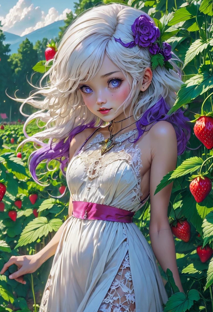 high details, best quality, 16k, RAW, [best detailed], masterpiece, best quality, (extremely detailed), full body, ultra wide shot, photorealistic, dark fantasy art, goth art, RPG art, D&D art, a picture of a female fairy resting in a (field of strawberries: 1.3), extremely beautiful fairy, ultra feminine (intense details, Masterpiece, best quality), best detailed face (intense details, Masterpiece, best quality), having wide butterfly wings, spread butterfly wings (intense details, Masterpiece, best quality), white and purple wings (intense details, Masterpiece, best quality),  dynamic hair color, dynamic hair style dynamic skin complexion, shy smile, innocent smile, blue eyes, dark red lips, wearing ((white: 1.5)) lace dress (intense details, Masterpiece, best quality), ((white lace: 1.5)) corset (intense details, Masterpiece, best quality), dynamic elegant shirt, chocker, wearing high heels, in a field of strawberries (intense details, Masterpiece, best quality), (extreme many strawberries) (intense details, Masterpiece, best quality), dark colorful flowers (intense details, Masterpiece, best quality), flower meadow in a dark goth field background, dim light, cinematic light, High Detail, Ultra High Quality, High Resolution, 16K Resolution, Ultra HD Pictures, 3D rendering Ultra Realistic, Clear Details, Realistic Detail, Ultra High Definition, lace drawing, betmd, DonMF41ryW1ng5XL
