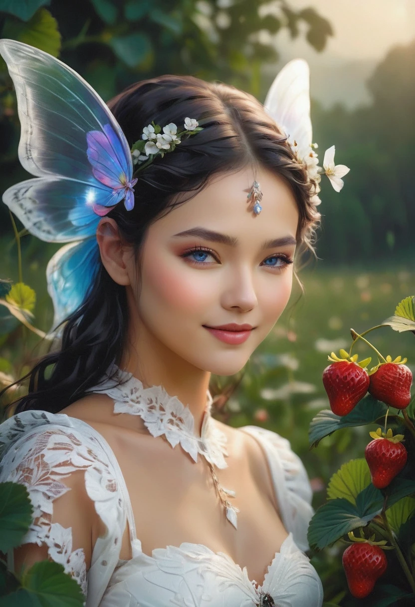 high details, best quality, 16k, RAW, [best detailed], masterpiece, best quality, (extremely detailed), full body, ultra wide shot, photorealistic, dark fantasy art, goth art, RPG art, D&D art, a picture of a female fairy resting in a (field of strawberries: 1.3), extremely beautiful fairy, ultra feminine (intense details, Masterpiece, best quality), best detailed face (intense details, Masterpiece, best quality), having wide butterfly wings, spread butterfly wings (intense details, Masterpiece, best quality), white and purple wings (intense details, Masterpiece, best quality),  dynamic hair color, dynamic hair style dynamic skin complexion, shy smile, innocent smile, blue eyes, dark red lips, wearing ((white: 1.5)) lace dress (intense details, Masterpiece, best quality), ((white lace: 1.5)) corset (intense details, Masterpiece, best quality), dynamic elegant shirt, chocker, wearing high heels, in a field of strawberries (intense details, Masterpiece, best quality), (extreme many strawberries) (intense details, Masterpiece, best quality), dark colorful flowers (intense details, Masterpiece, best quality), flower meadow in a dark goth field background, dim light, cinematic light, High Detail, Ultra High Quality, High Resolution, 16K Resolution, Ultra HD Pictures, 3D rendering Ultra Realistic, Clear Details, Realistic Detail, Ultra High Definition, lace drawing, betmd, DonMF41ryW1ng5XL
