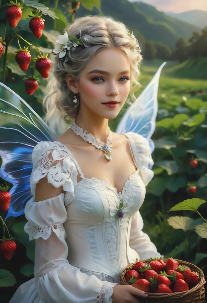 high details, best quality, 16k, RAW, [best detailed], masterpiece, best quality, (extremely detailed), full body, ultra wide shot, photorealistic, dark fantasy art, goth art, RPG art, D&D art, a picture of a female fairy resting in a (field of strawberries: 1.3), extremely beautiful fairy, ultra feminine (intense details, Masterpiece, best quality), best detailed face (intense details, Masterpiece, best quality), having wide butterfly wings, spread butterfly wings (intense details, Masterpiece, best quality), white and purple wings (intense details, Masterpiece, best quality),  dynamic hair color, dynamic hair style dynamic skin complexion, shy smile, innocent smile, blue eyes, dark red lips, wearing ((white: 1.5)) lace dress (intense details, Masterpiece, best quality), ((white lace: 1.5)) corset (intense details, Masterpiece, best quality), dynamic elegant shirt, chocker, wearing high heels, in a field of strawberries (intense details, Masterpiece, best quality), (extreme many strawberries) (intense details, Masterpiece, best quality), dark colorful flowers (intense details, Masterpiece, best quality), flower meadow in a dark goth field background, dim light, cinematic light, High Detail, Ultra High Quality, High Resolution, 16K Resolution, Ultra HD Pictures, 3D rendering Ultra Realistic, Clear Details, Realistic Detail, Ultra High Definition, lace drawing, betmd, DonMF41ryW1ng5XL
