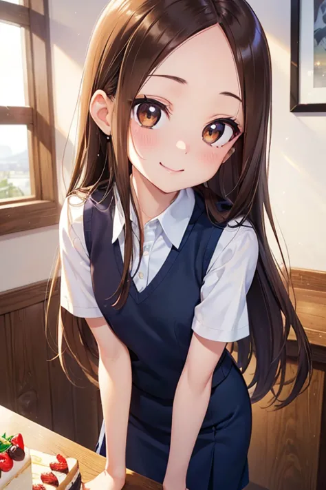 takagi-san、shiny brown hair, straight long hair,((medium chest、forehead、center part))、 beautiful brown eyes、smile、sparkling eyes...