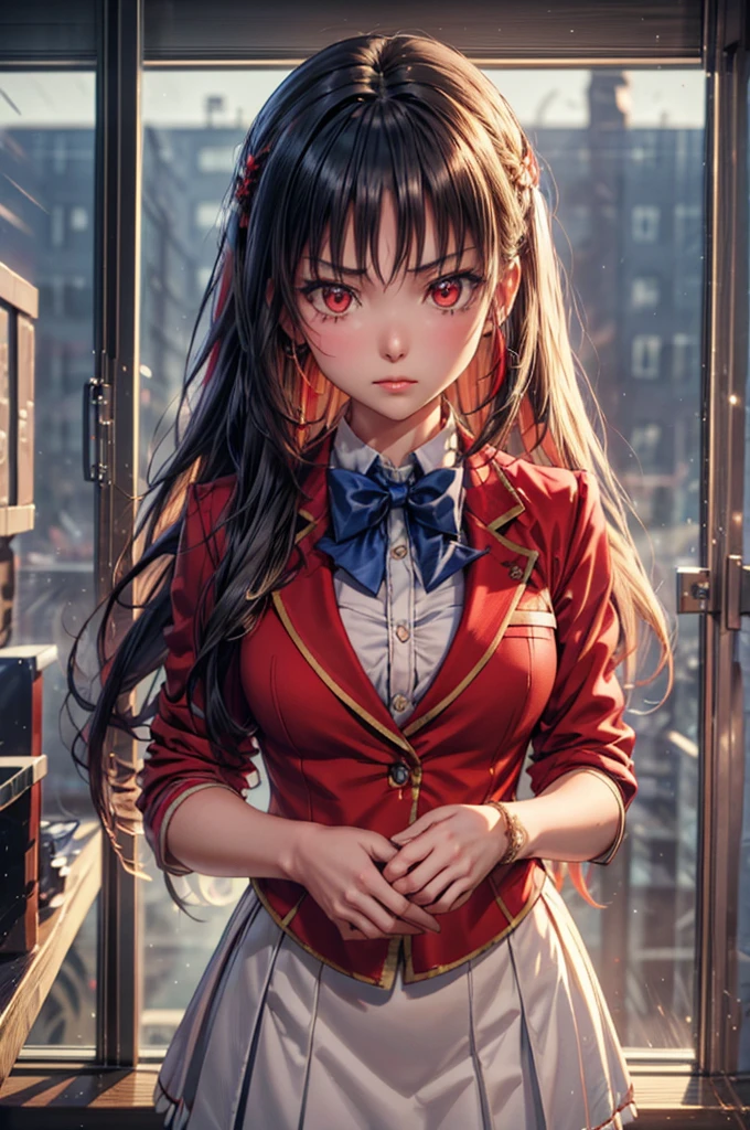 Suzune Horikita, suzune horikita, Long Hair, Black Hair, (Red eyes:1.3), Hair Ribbon, Braiding,
break bow, , Jacket, bow tie, blue bow tie, blazer, (red blazer:1.5), skirt, white skirt,
break indoors, classroom,
break looking at viewer, (Cowboy Shot:1.5),
break (masterpiece:1.2), Highest quality, High resolution, unity 8k wallpaper, (figure:0.8), (Beautiful attention to detail:1.6), Highly detailed face, Perfect lighting, Highly detailed CG, (Perfect hands, Perfect Anatomy), bokeh photography, (soft focus):1.2, out-of-focus highlights, dreamy ambiance, glowing circles, mesmerizing depth