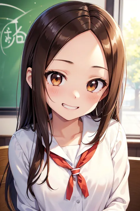 takagi-san、shiny brown hair, straight long hair,((medium chest、forehead、center part))、 beautiful brown eyes、smile、sparkling eyes...