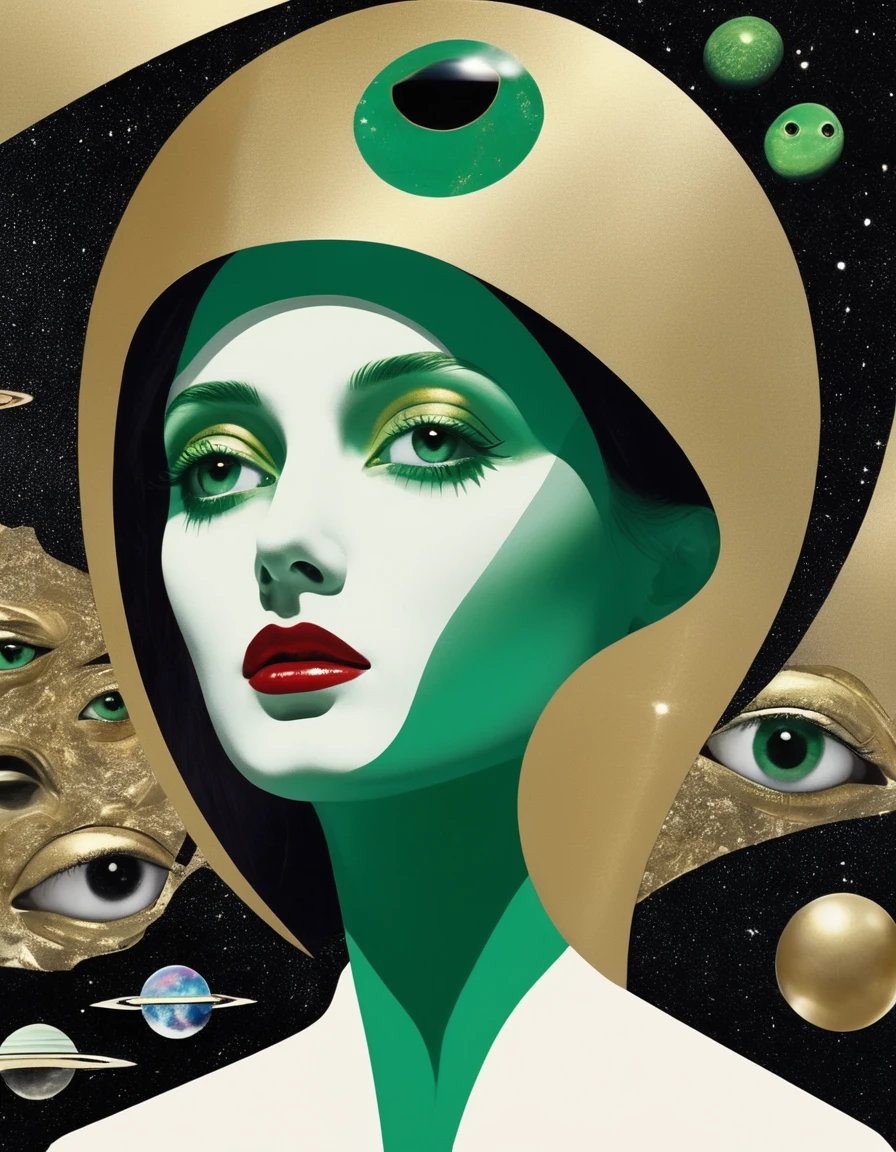 Marcians, aliens Surreal and strange dislocation art：Collage，There are many different things on the faces，gold, emerald，Geometric Dislocation，Collage,Hollow，Artistic sense，Painting，paint，Simple, cosmos