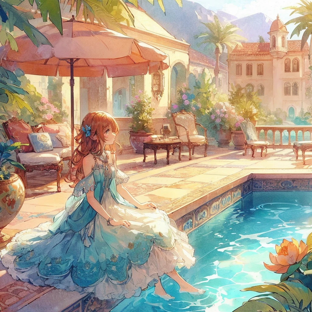 absurdres, best quality, fine detailed, 8k, 1girl, brown wave hair, blue eye, White and light blue fantasy dress, sleeveless, profile, blue flowers and ribbon decoration, necklace, poolside, elaborate carvings, orange parasol, chairs, table, cushions, plants, Western-style house