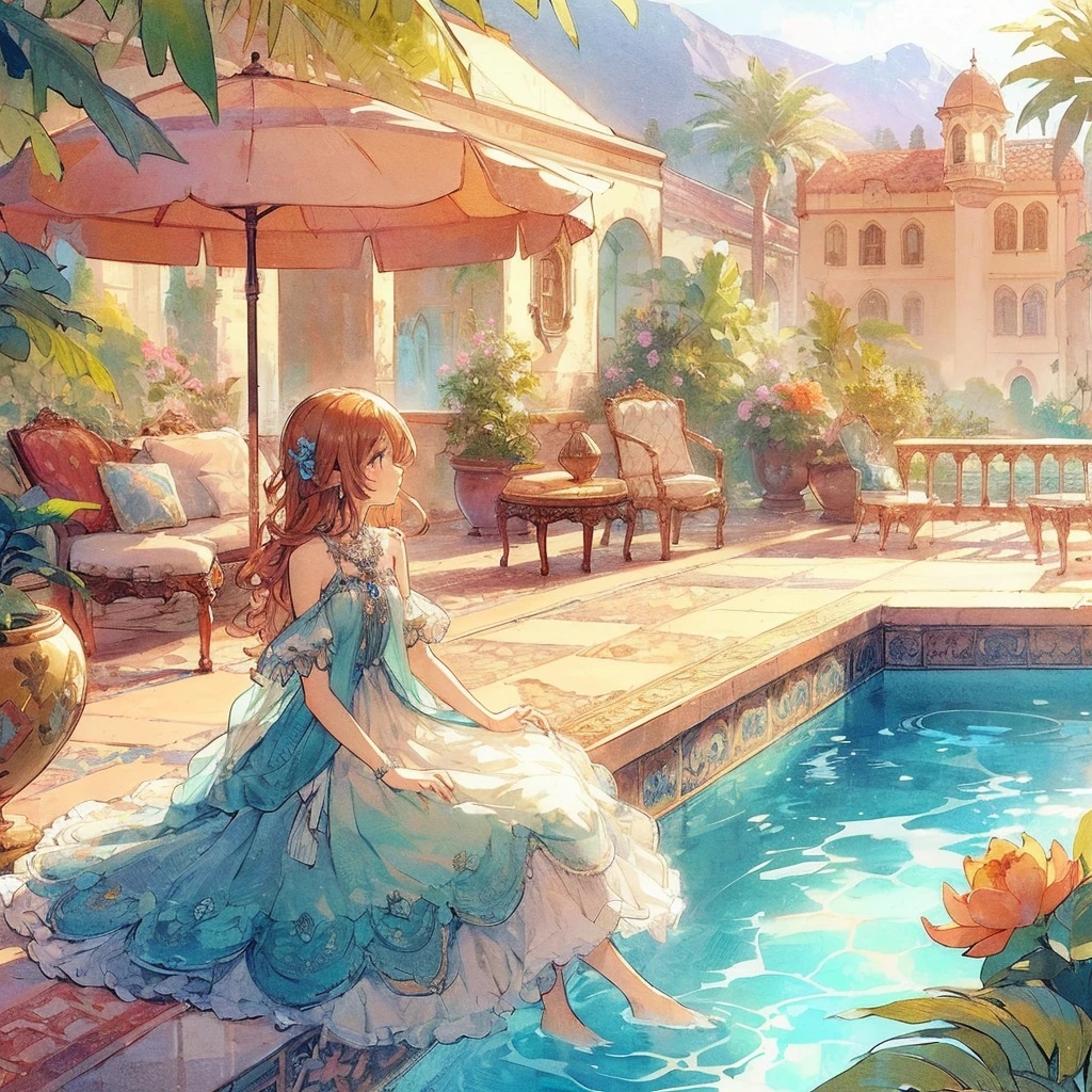 absurdres, best quality, fine detailed, 8k, 1girl, brown wave hair, blue eye, White and light blue fantasy dress, sleeveless, profile, blue flowers and ribbon decoration, necklace, poolside, elaborate carvings, orange parasol, chairs, table, cushions, plants, Western-style house