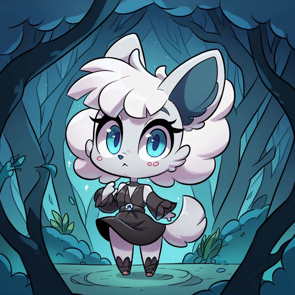 little fox, female, white hair, silver fur, blue eyes, cute kid, , alone, kid , white hair, cute, chibi, black dress, night forest, by diives