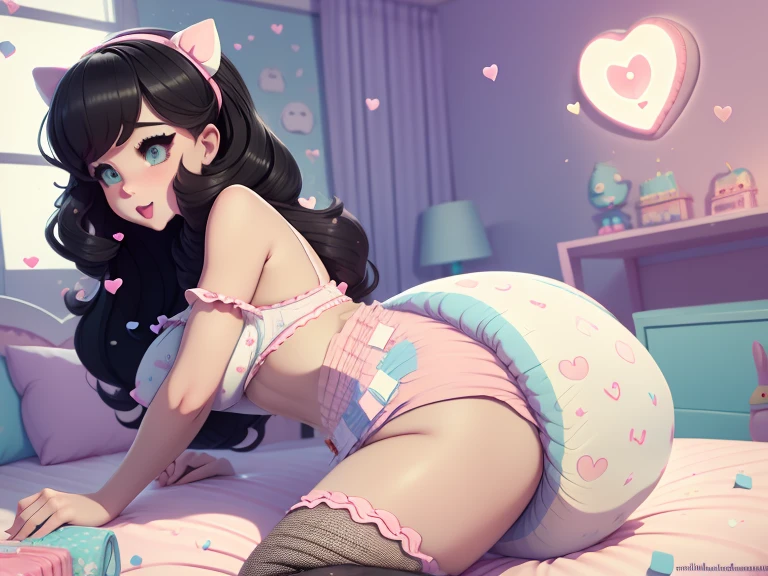 A confident mommydom wearing a big bulbous puffy diaper, heart emojis, bedroom, fishnet stockings, pretty eyes, seductive, flirty, colorful, puffy dress,  room, diapers, confetti, cake,Black Silk,swimsuit