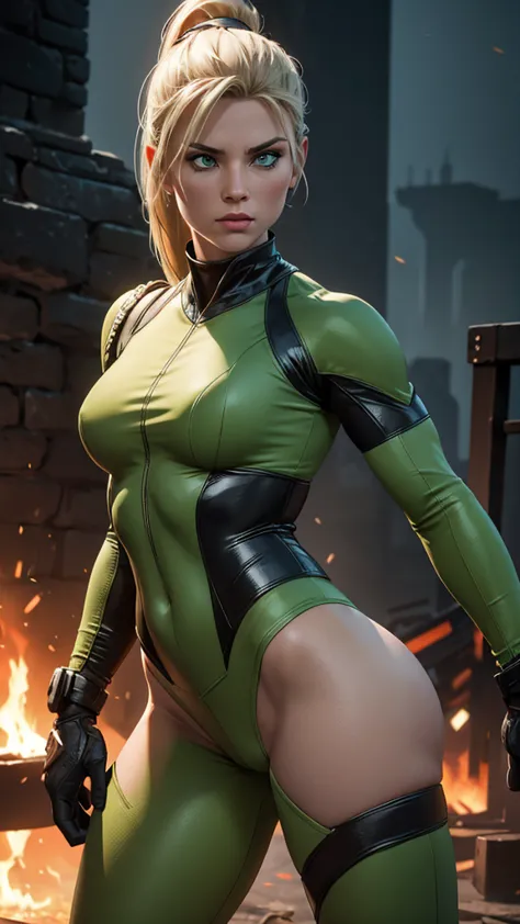 sonya blade, (mortal kombat), sexy girl, powerful, green classic sexy suit, young, skynny body, small and beautiful buttocks, to...